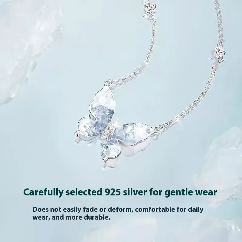 Silver Bingyu butterfly necklace with ice rain design on O-ring chain
