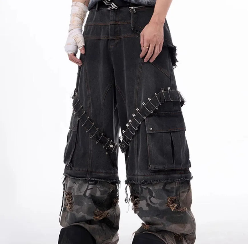 Men's grey cotton jeans with camouflage pattern splicing and pin ribbon details on legs
