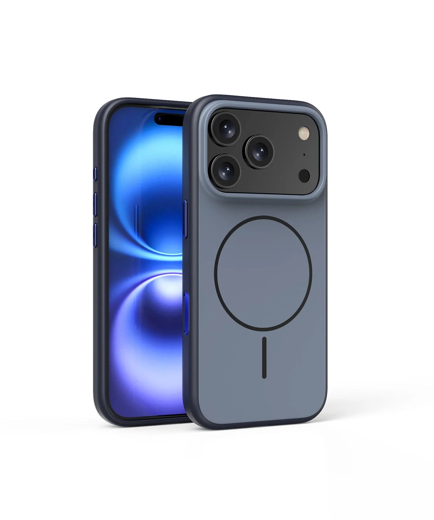 Blue frosted magnetic iPhone case with a prominent AI camera button on the side.