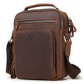 Men's brown genuine leather single-shoulder crossbody bag with sewing line detailing.