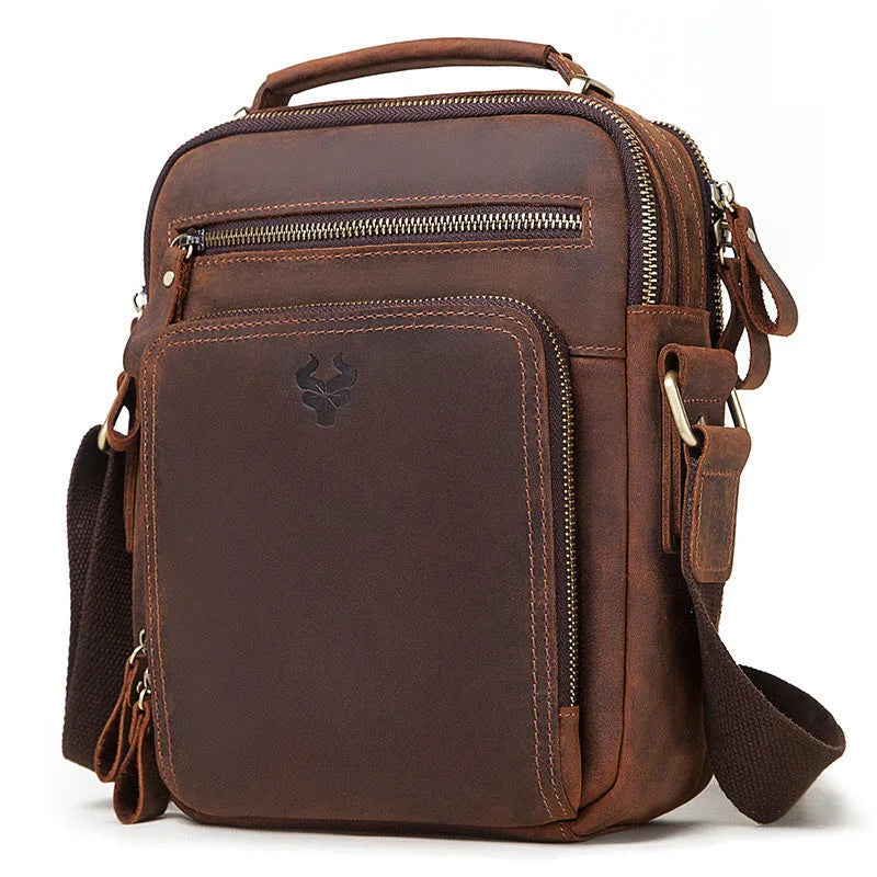 Men's brown genuine leather single-shoulder crossbody bag with sewing line detailing.