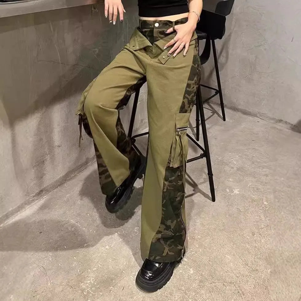 Dark khaki leopard print high waist straight-leg jeans with contrast colour fake stitching detail