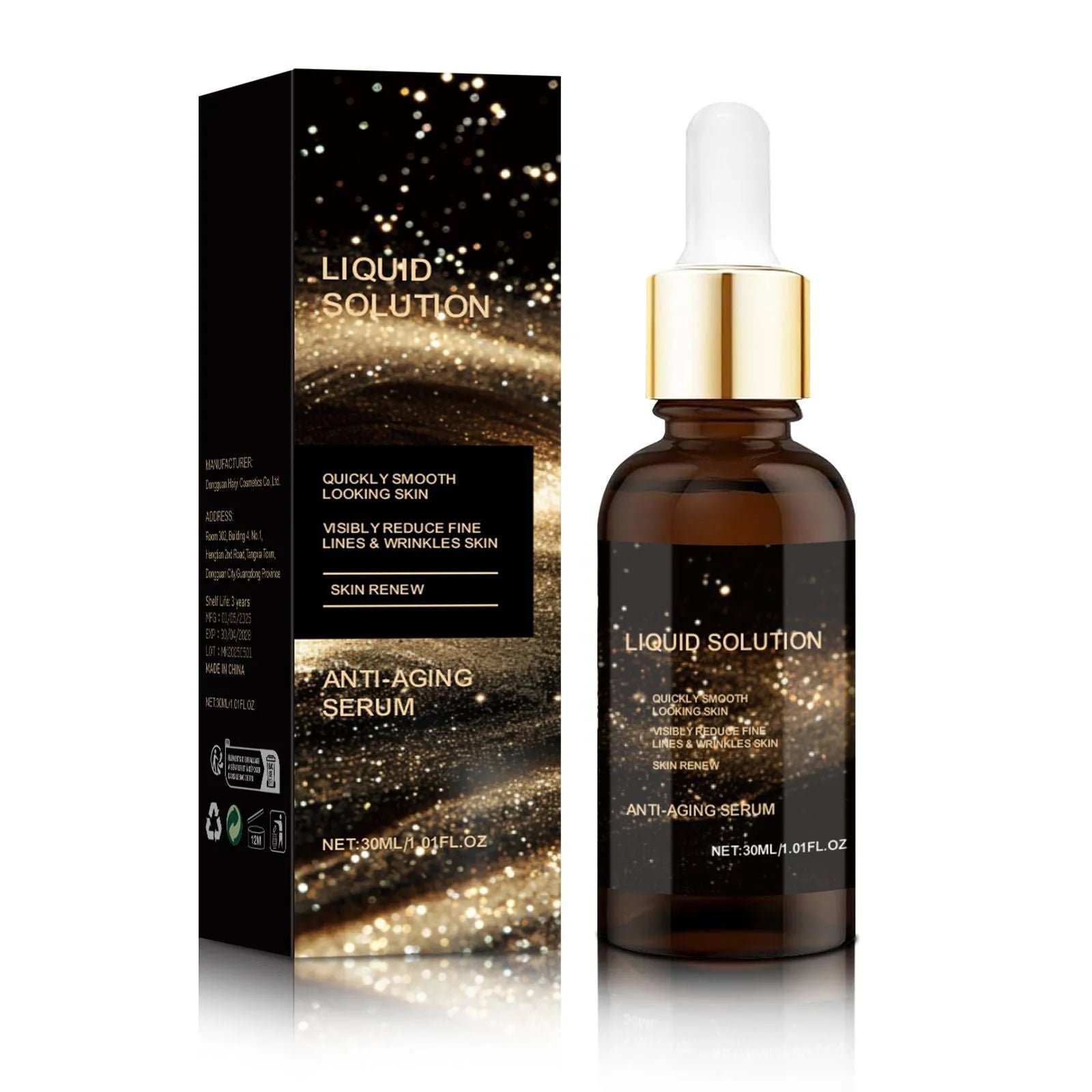 30 ml bottle of facial liquid moisturising care solution with hyaluronic acid, 9 cm tall.
