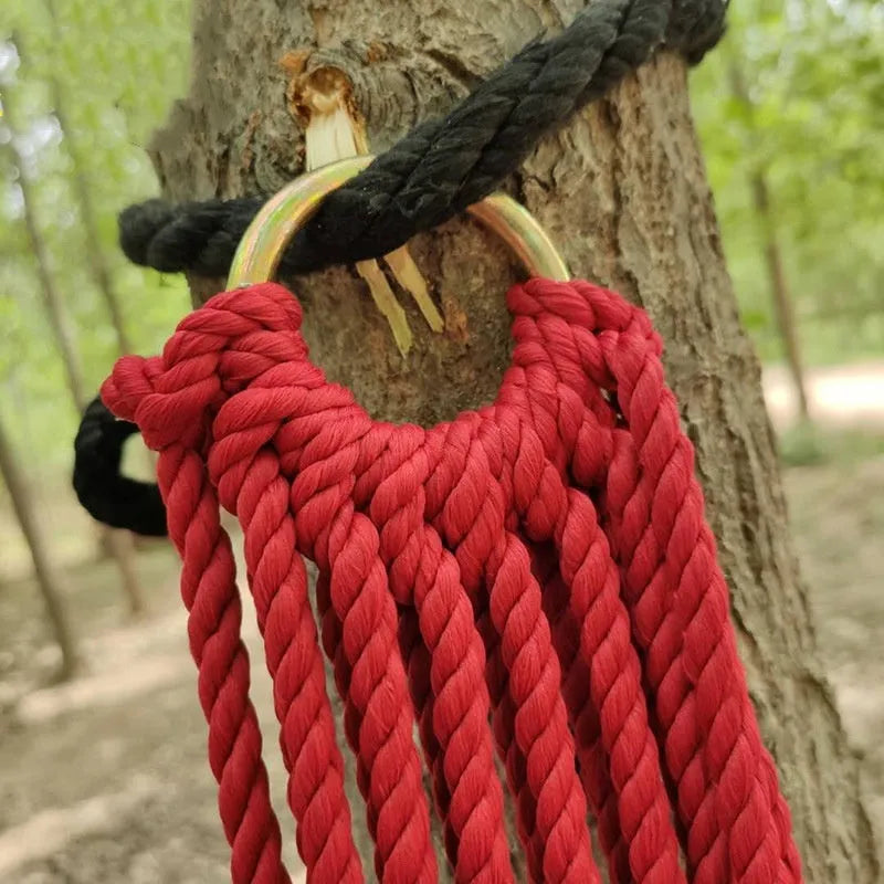 Nylon rope mesh hammock showing 1.1m width and 2.1m length dimensions for outdoor use