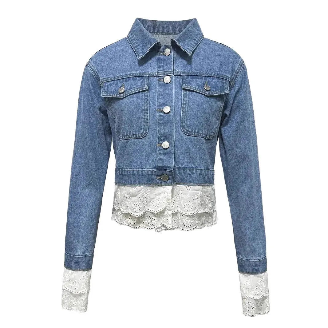Blue denim jacket with lace stitching detail, long sleeves, women's style