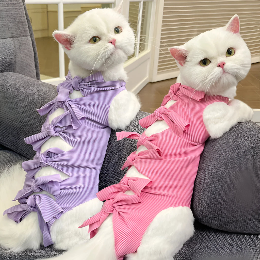 Adjustable lace-up cat sterilisation clothing in polyester fabric showing closure system and colour options