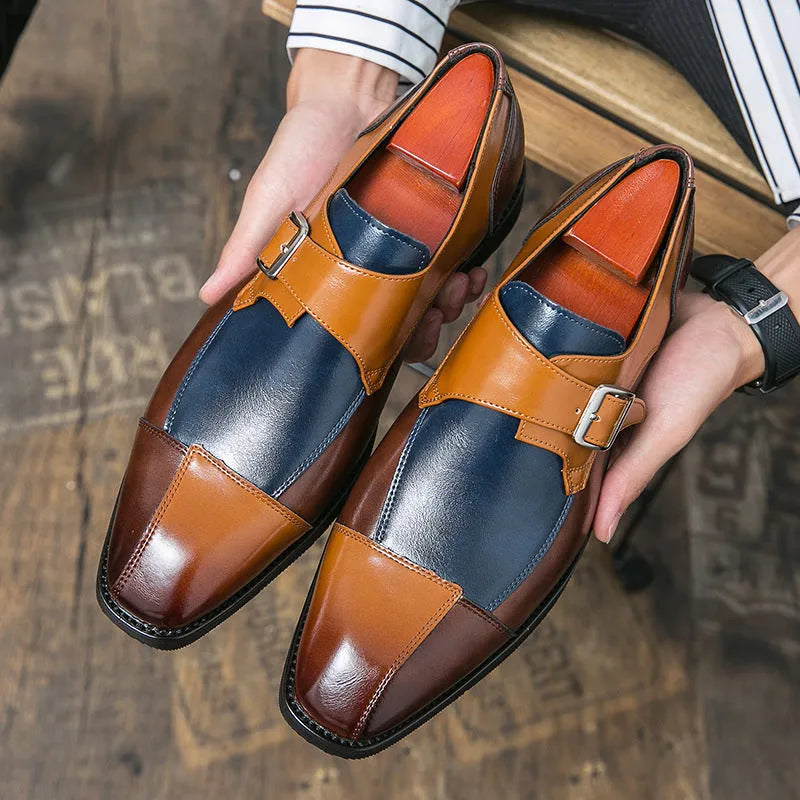 Men's brown blue British retro buckle casual shoes with tall crown microfiber upper