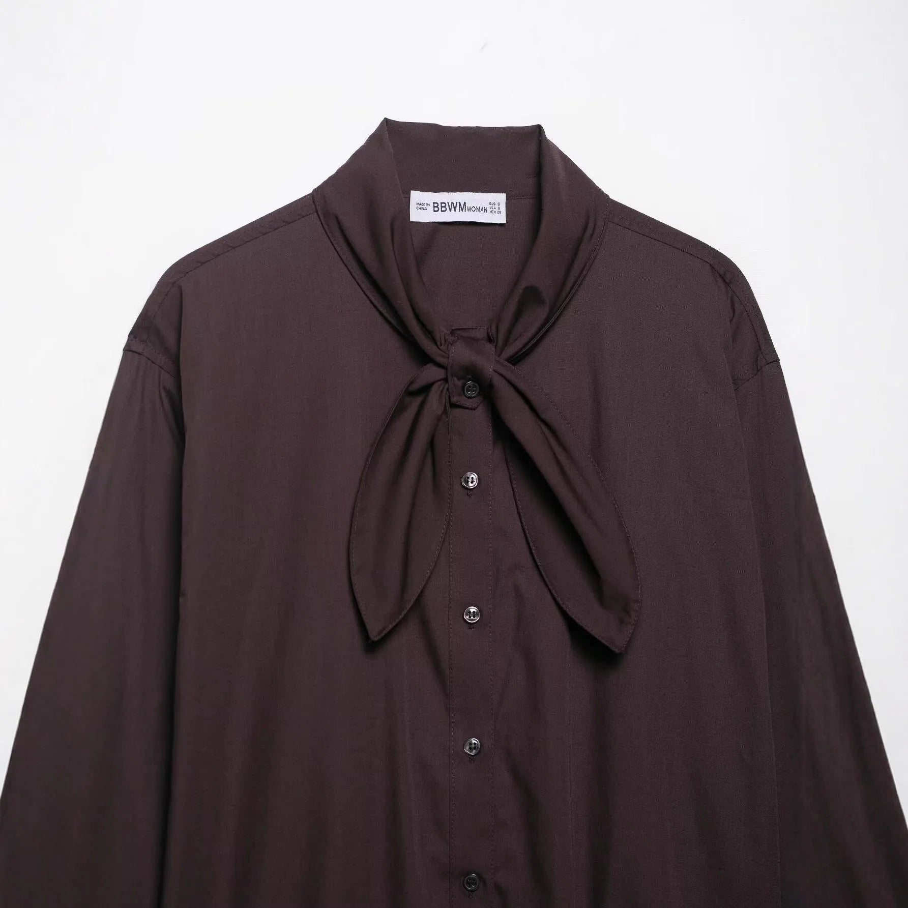 Brown women's poplin shirt with bow tie scarf detail, loose fit long sleeve office blouse