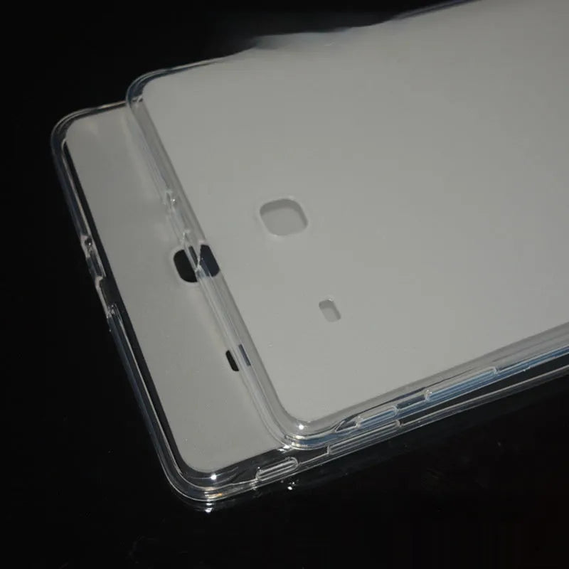 Clear transparent ultra-thin silicone protective case for a tablet on a plain background.