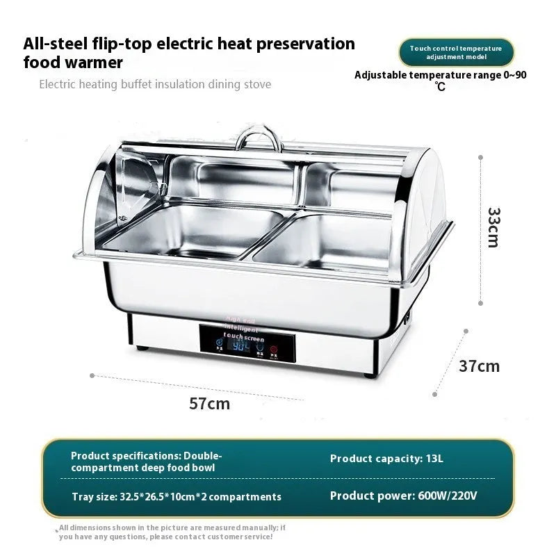 Stainless steel electric buffet stove with a transparent flip lid and LCD control screen.