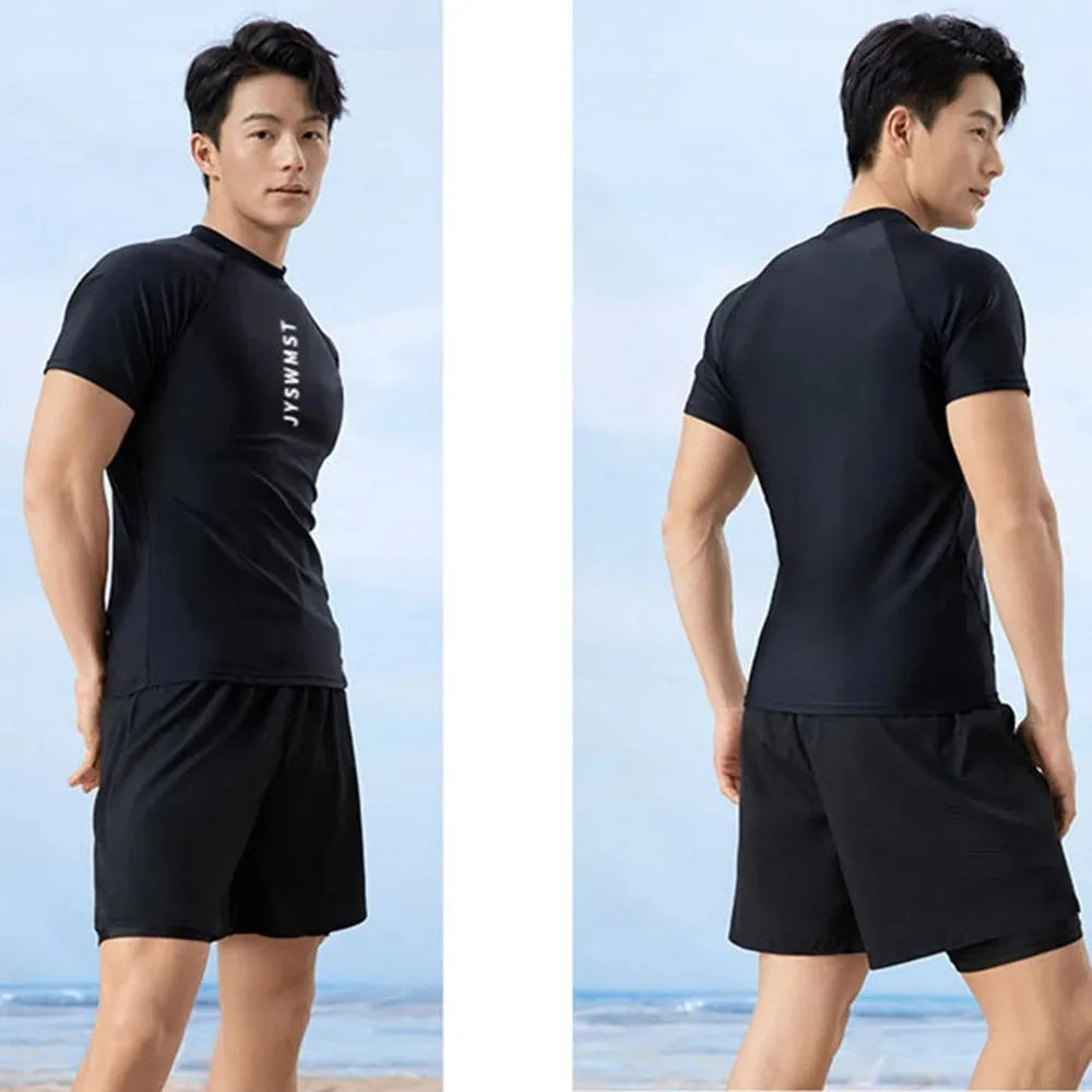 Men's polyester swimsuit set with top and pants in plus sizes M to 4XL