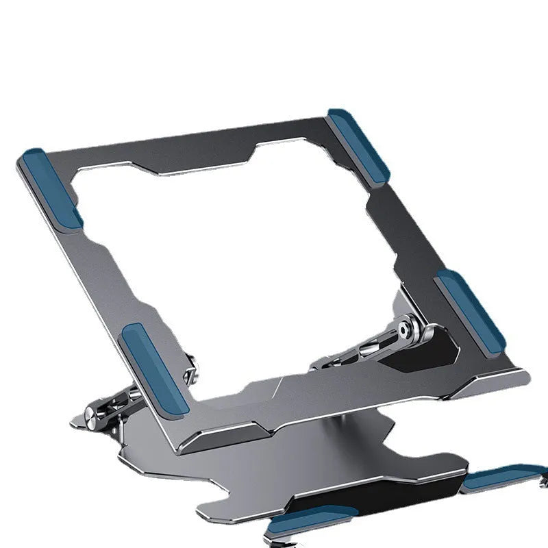 Grey aluminium laptop stand with adjustable angle and folding portable design