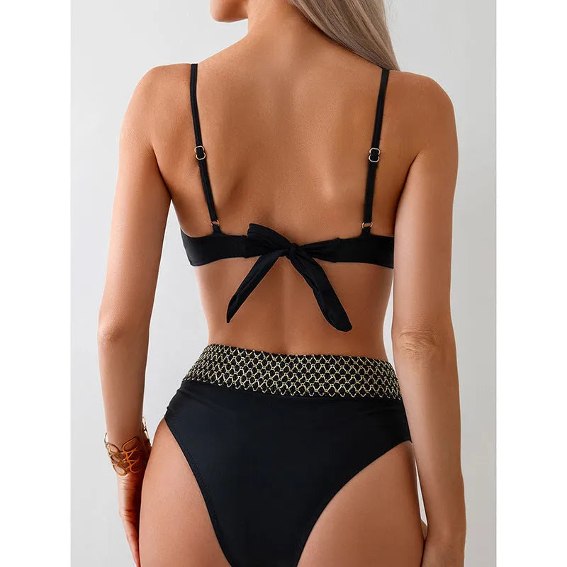Black European American bikini split swimsuit with sleeveless briefs design