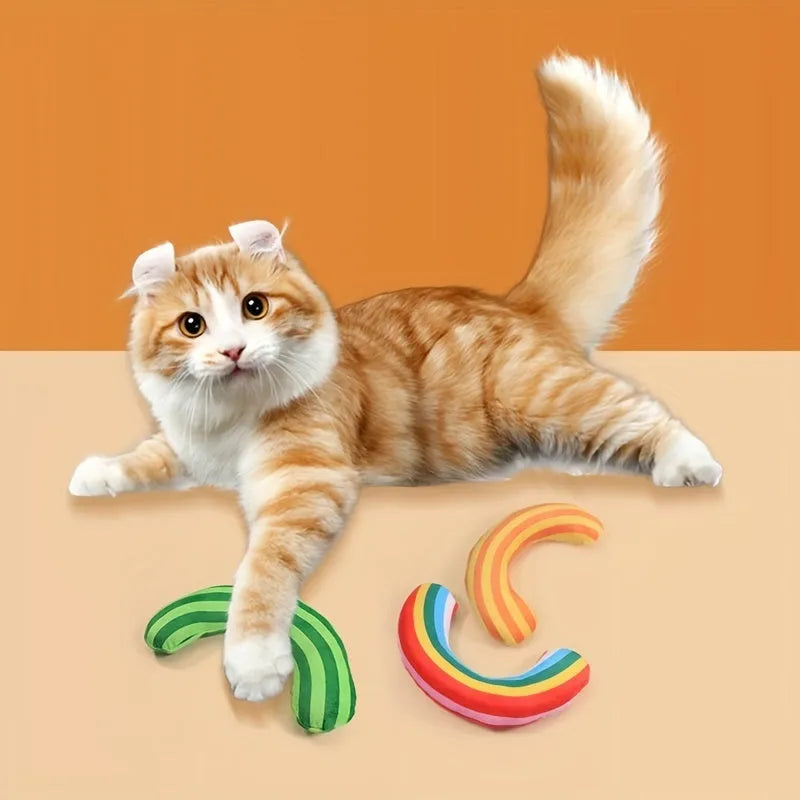 Cat toy set with striped pillow and noise toy measuring 23x20cm in green, rainbow, or yellow colours