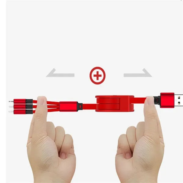 Black retractable 3-in-1 USB charging cable extended to 1.2 metres with titanium alloy connectors.