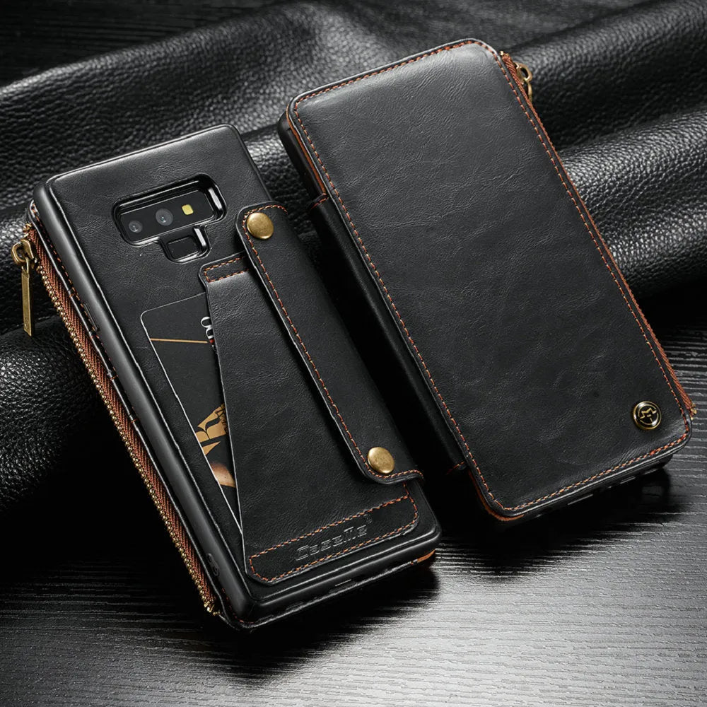 Black PU leather flip phone case for SAMSUNG Note9 shown open and closed