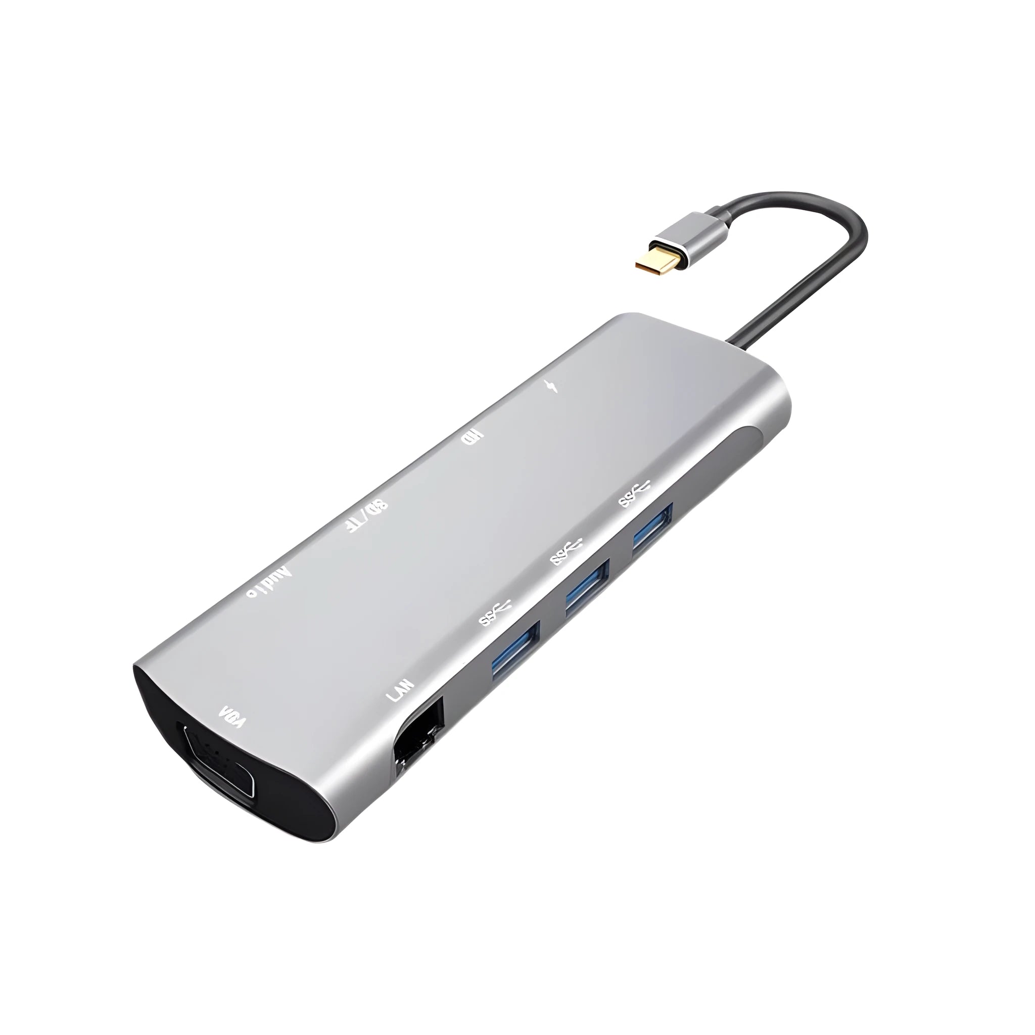 Grey USB-C docking station with HDMI, VGA, USB 3.0 ports and 14cm cable