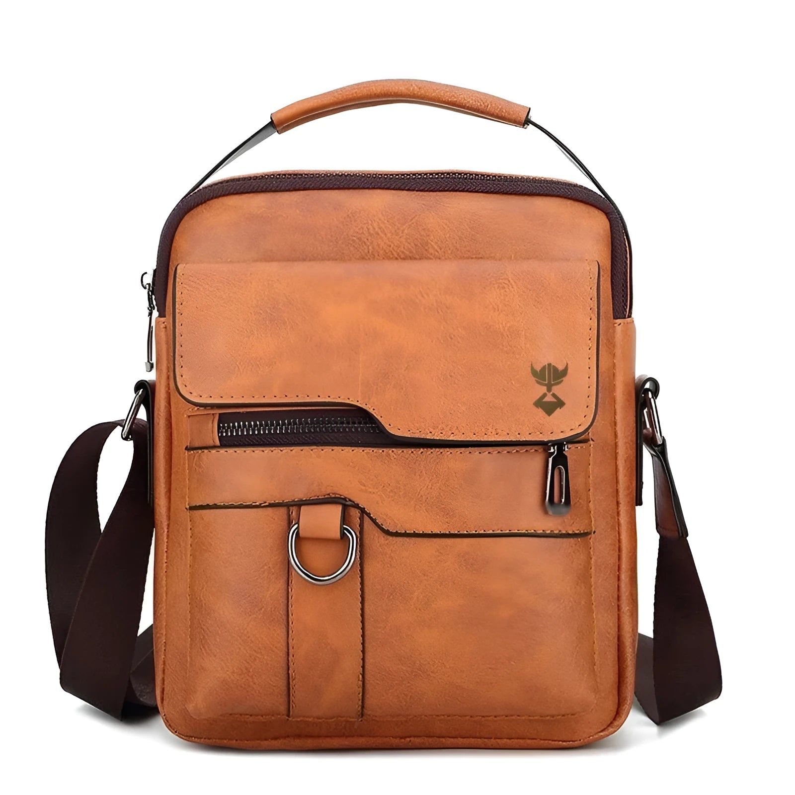 Khaki PU leather men's shoulder bag showing square vertical design with zipper closure