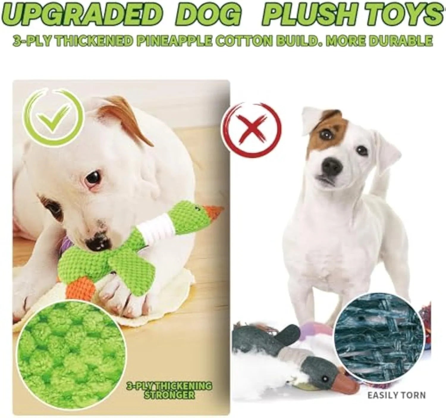 Blue duck plush dog toy with squeakers measuring 33cm long
