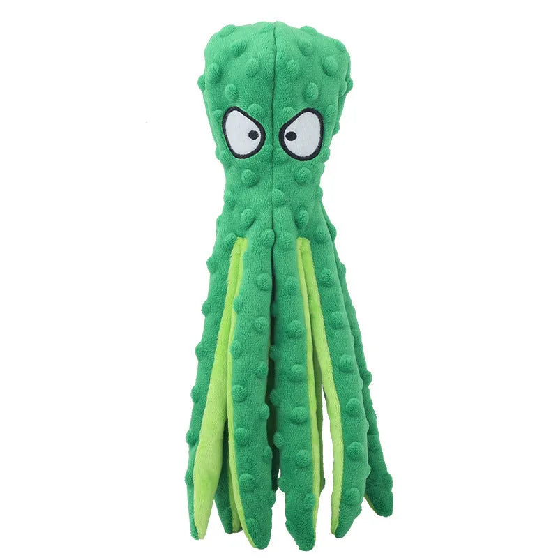 Blue octopus-shaped dog squeaky toy with no stuffing and crinkle sounds for chewing