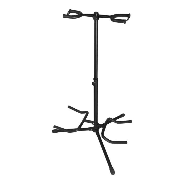 Black vertical double-headed adjustable guitar stand for electric and acoustic guitars