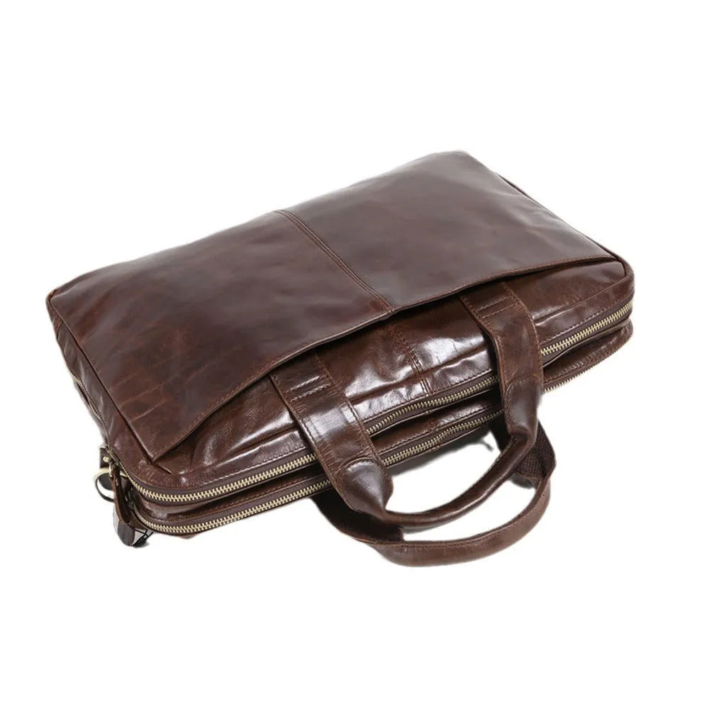 Brown men's business briefcase computer bag made from first layer cowhide leather with 18-inch dimensions
