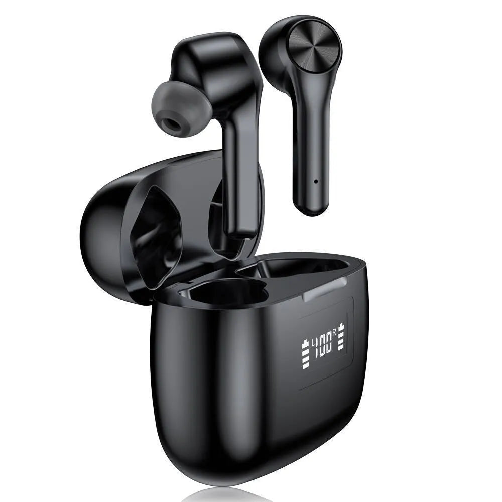 Black and white wireless stereo earphones with touch controls for noise reduction and music playback