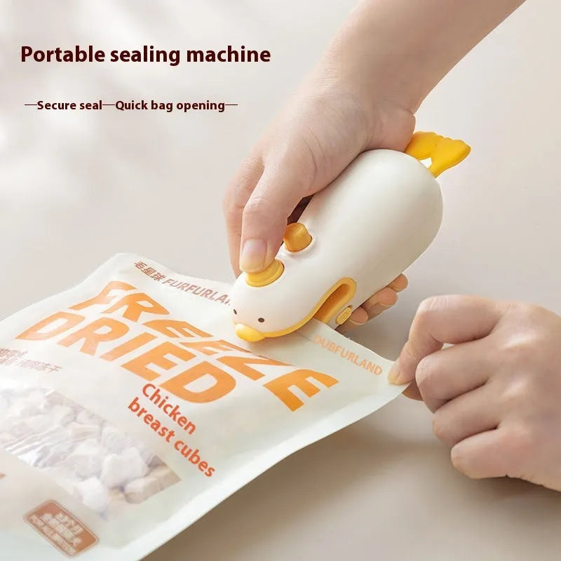 Small yellow duck animal jacquard style rechargeable handheld plastic bag sealing machine with charging cable.