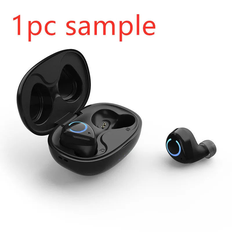 Black and white true wireless in-ear Bluetooth headset with charging case on a plain background.