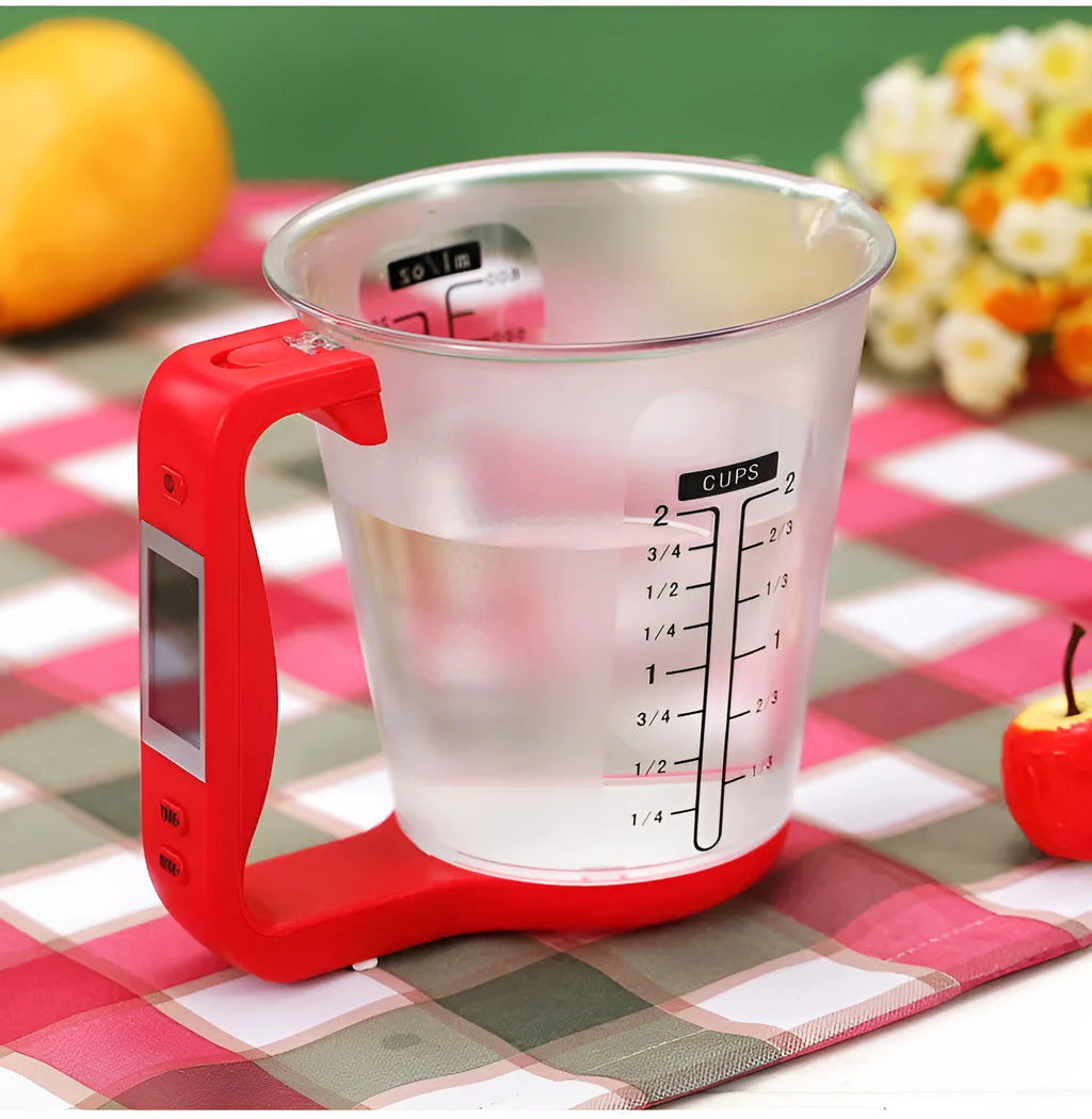 Green digital kitchen measuring cup scale with LCD display in handle