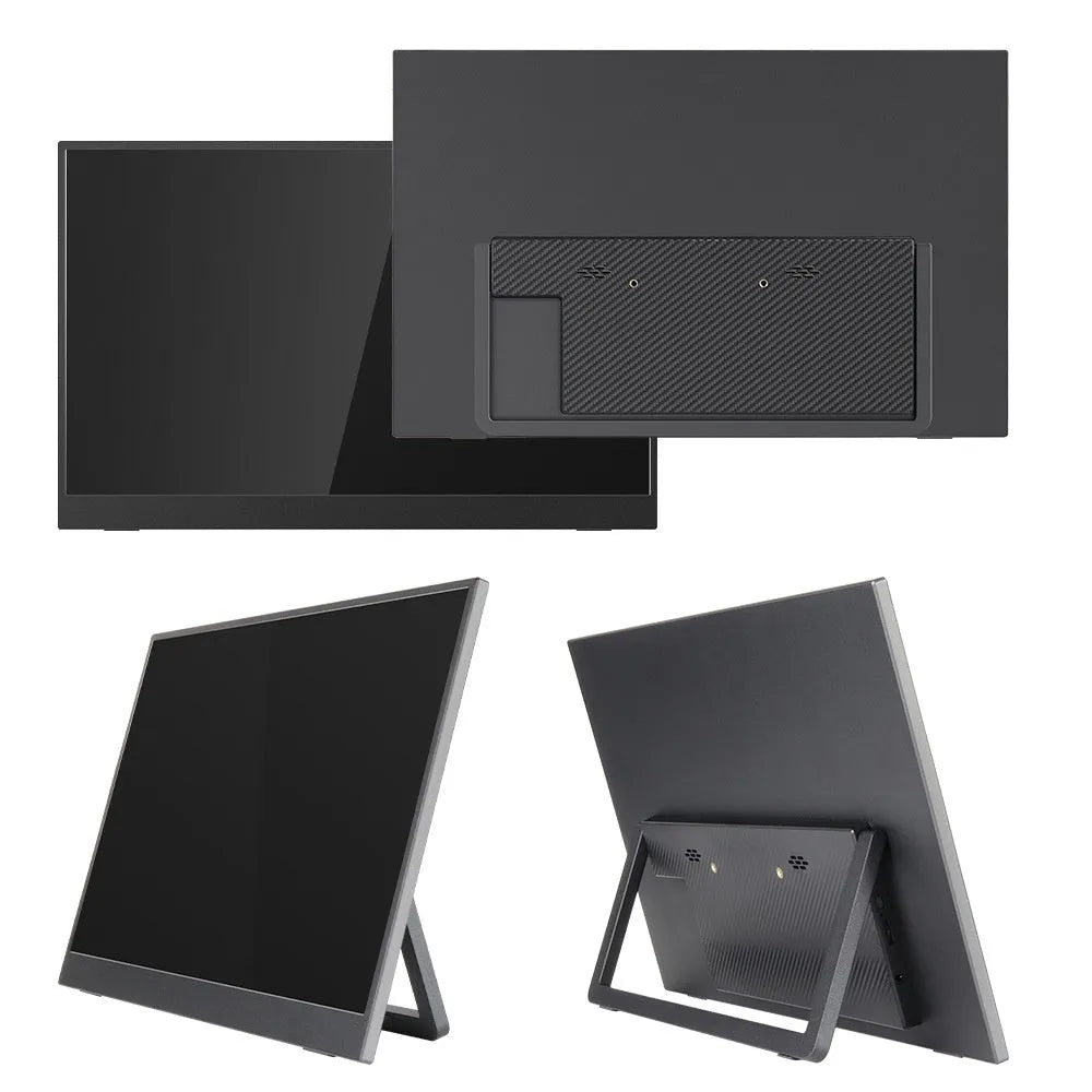 Black 15.6-inch portable computer monitor with adjustable stand on office desk