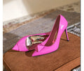 Pink patent leather pointed toe stiletto heels with buckle closure in three heel heights