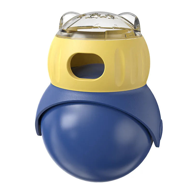 Owl-shaped plastic tumbler cat toy in morandi yellow and blue colours, designed as a puzzle food feeder.