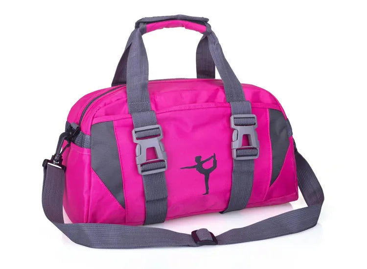 Nylon yoga and gym bag shown in medium and large sizes with colour options including black, blue, green, pink, purple and red.