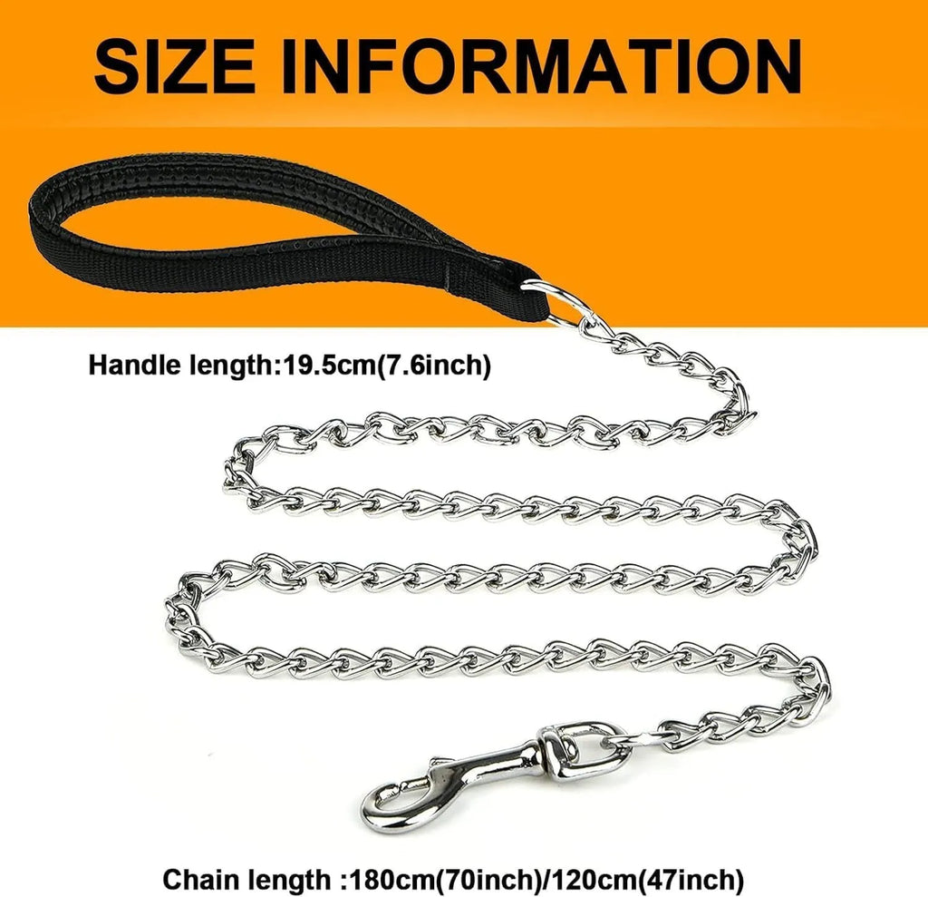 Heavy duty metal dog leash chain with soft black padded handle, shown in red colour.