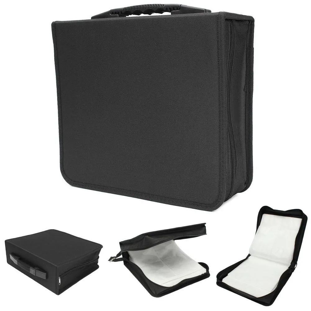 Black Oxford fabric CD DVD storage organiser case with a zipper and top hand strap, showing multiple disc sleeves inside.