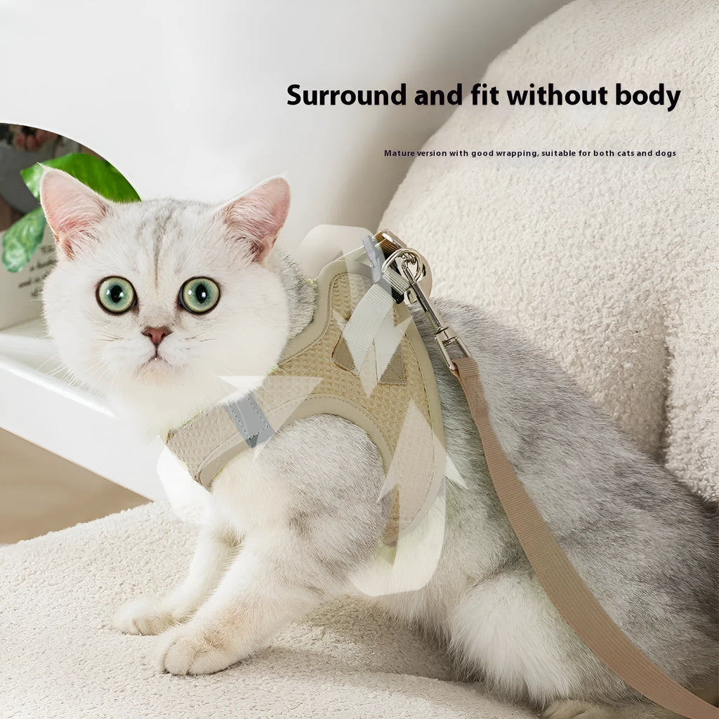 Brown waffle pattern cloth cat harness with integrated hand holding rope on chest strap