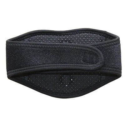 Black adjustable self-heating magnetic therapy neck guard showing straps.