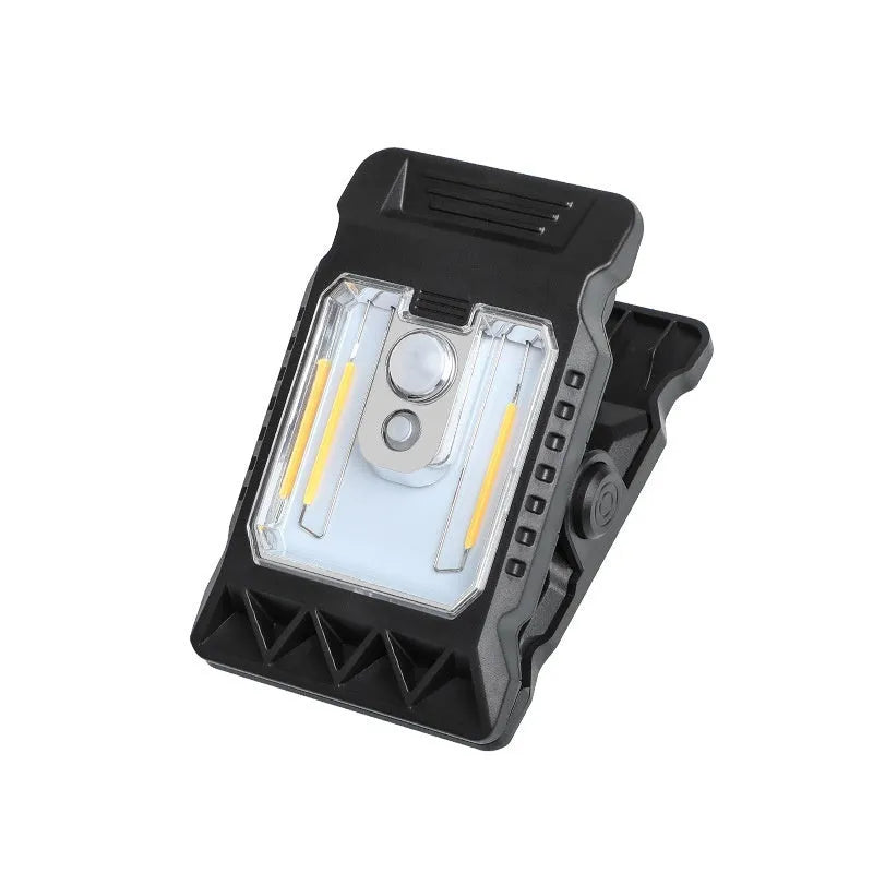 Black intelligent induction clip lamp with flexible gooseneck, shown clipped to a shelf.