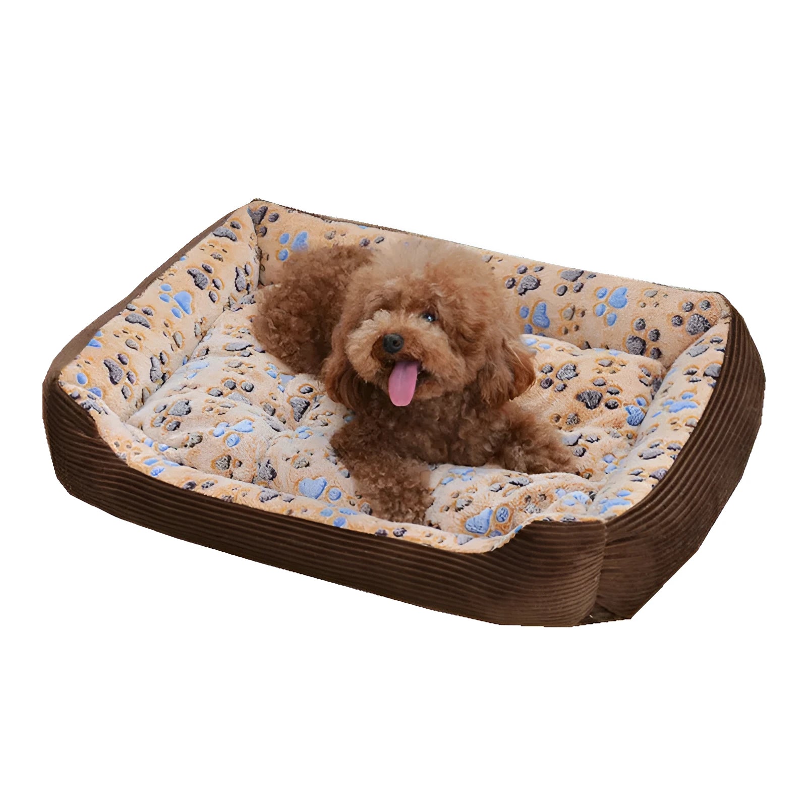 Beige soft plush dog bed with raised sides, shown in a medium size for a small dog.
