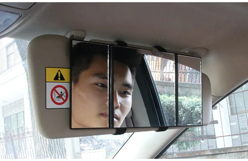 Silver car folding makeup mirror shown open and closed, model SD-2408