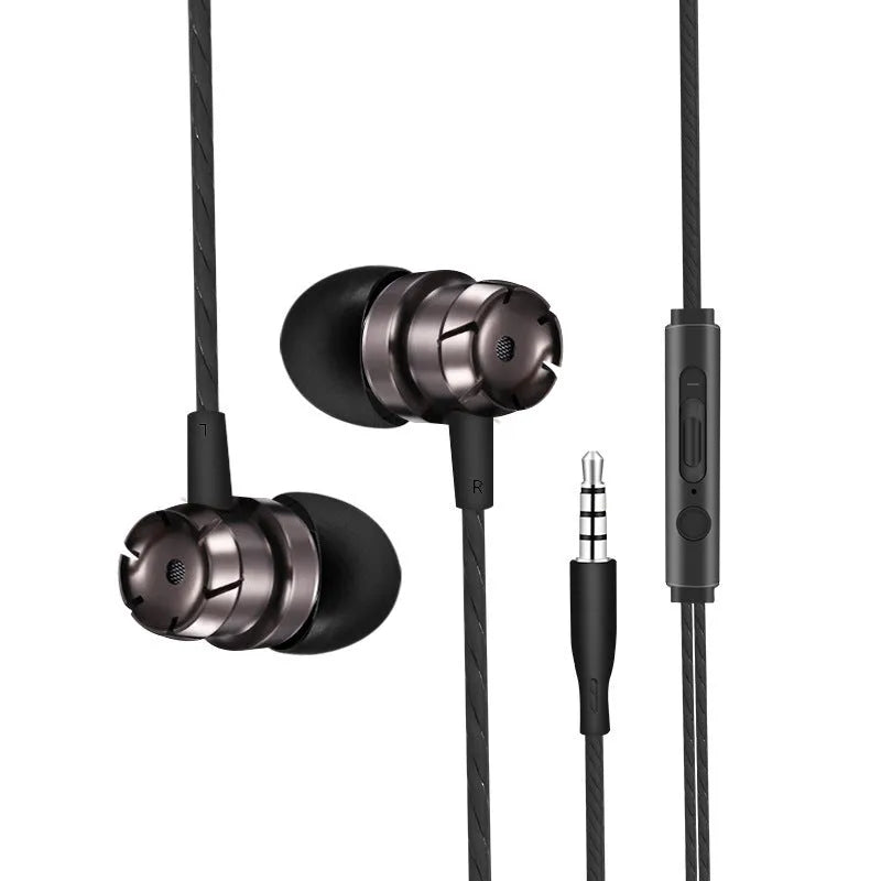 Metal turbo in-ear headphones with microphone and 3.5mm straight audio plug in black colour