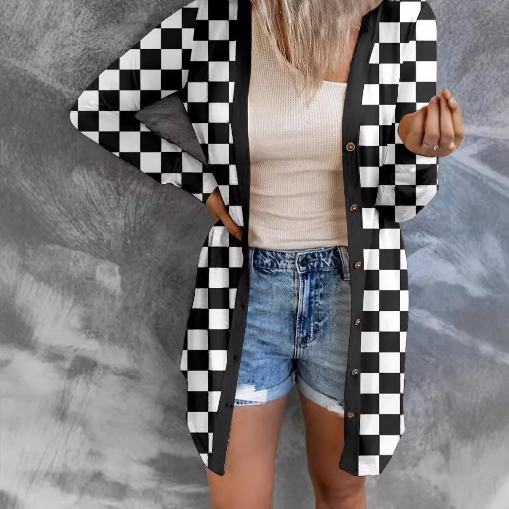 Women's long grey plaid knitted cardigan with contrast colour pattern and regular sleeves