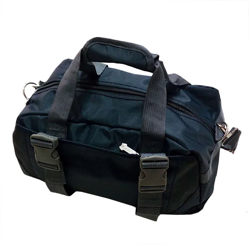 Nylon yoga and gym bag shown in medium and large sizes with colour options including black, blue, green, pink, purple and red.