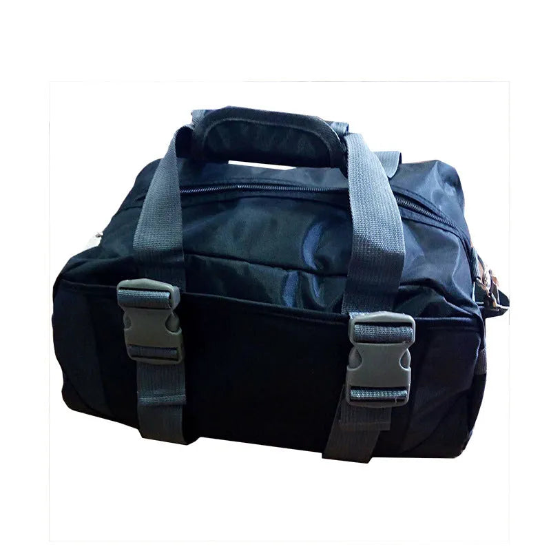 Nylon yoga and gym bag shown in medium and large sizes with colour options including black, blue, green, pink, purple and red.