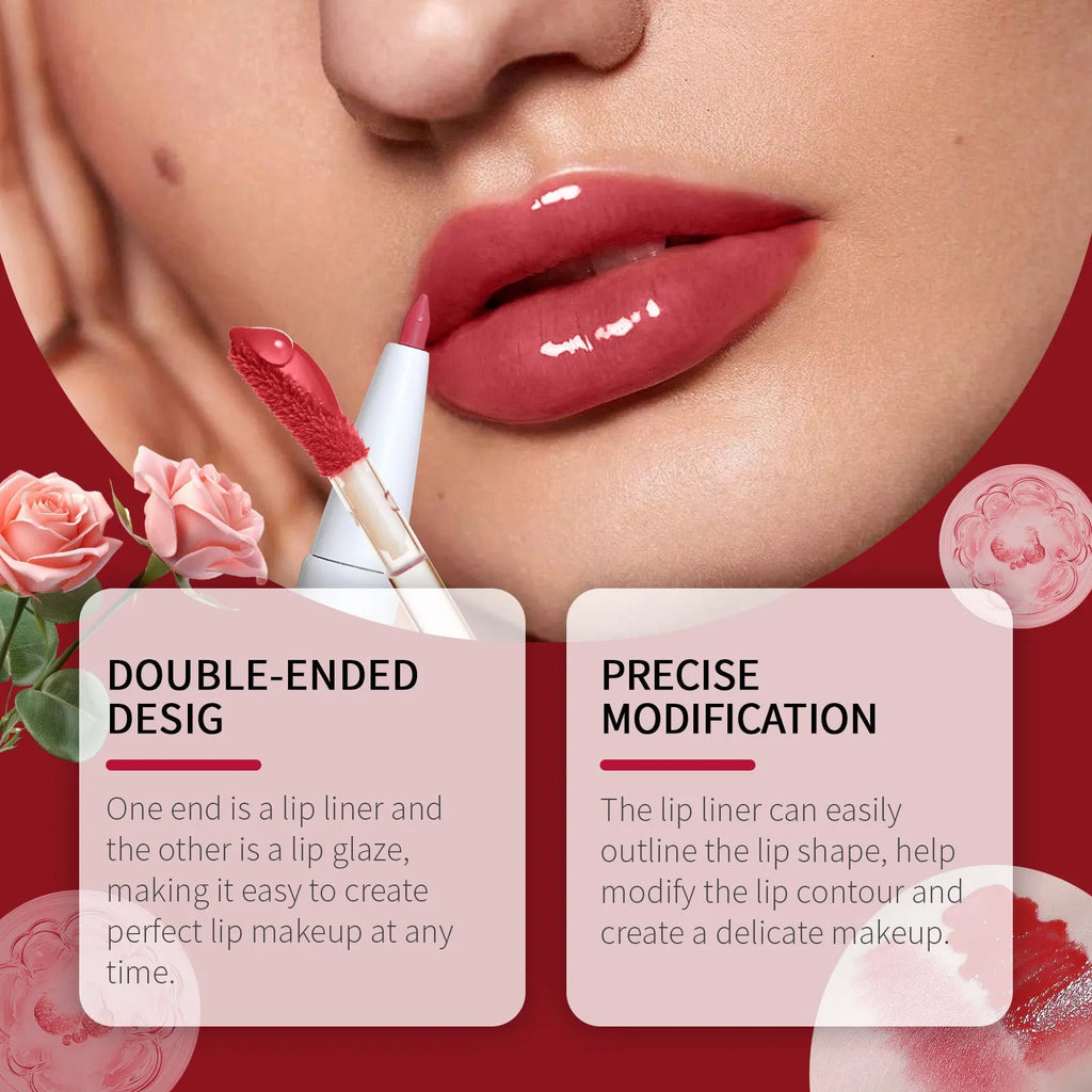 Double-headed lip makeup pen with lip liner pencil on one end and liquid lip lacquer pen on the other.