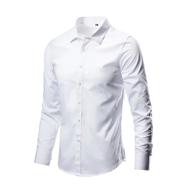 Linen long-sleeve loose fit slim shirt shown in a choice of colours including black, white, and navy blue.