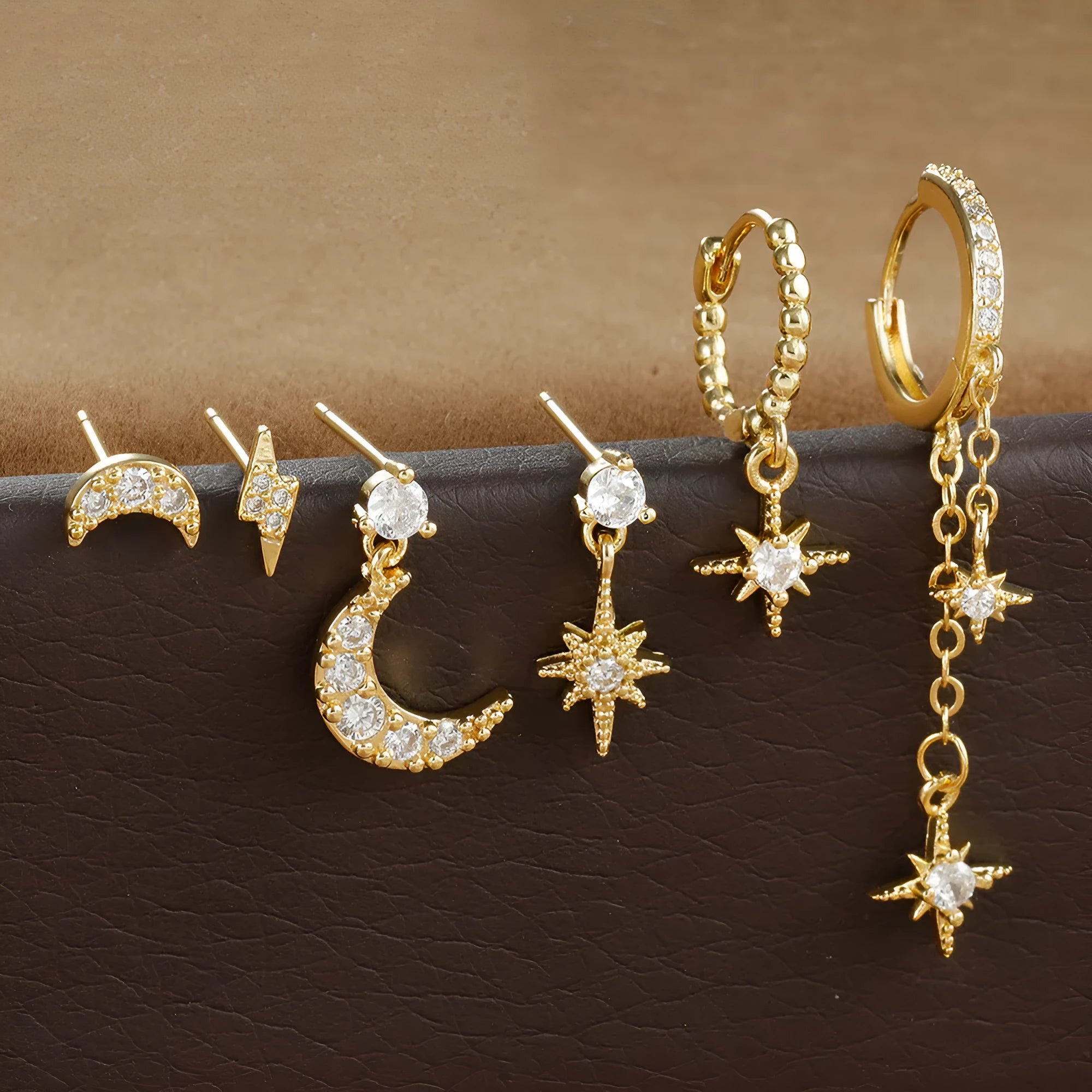 Gold chain tassel earrings set with zircon studs, six pieces electroplated on copper