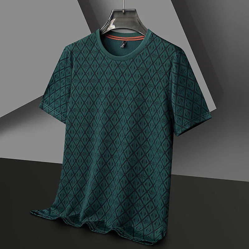 Men's black jacquard pattern short sleeve t-shirt with round neck and loose fit