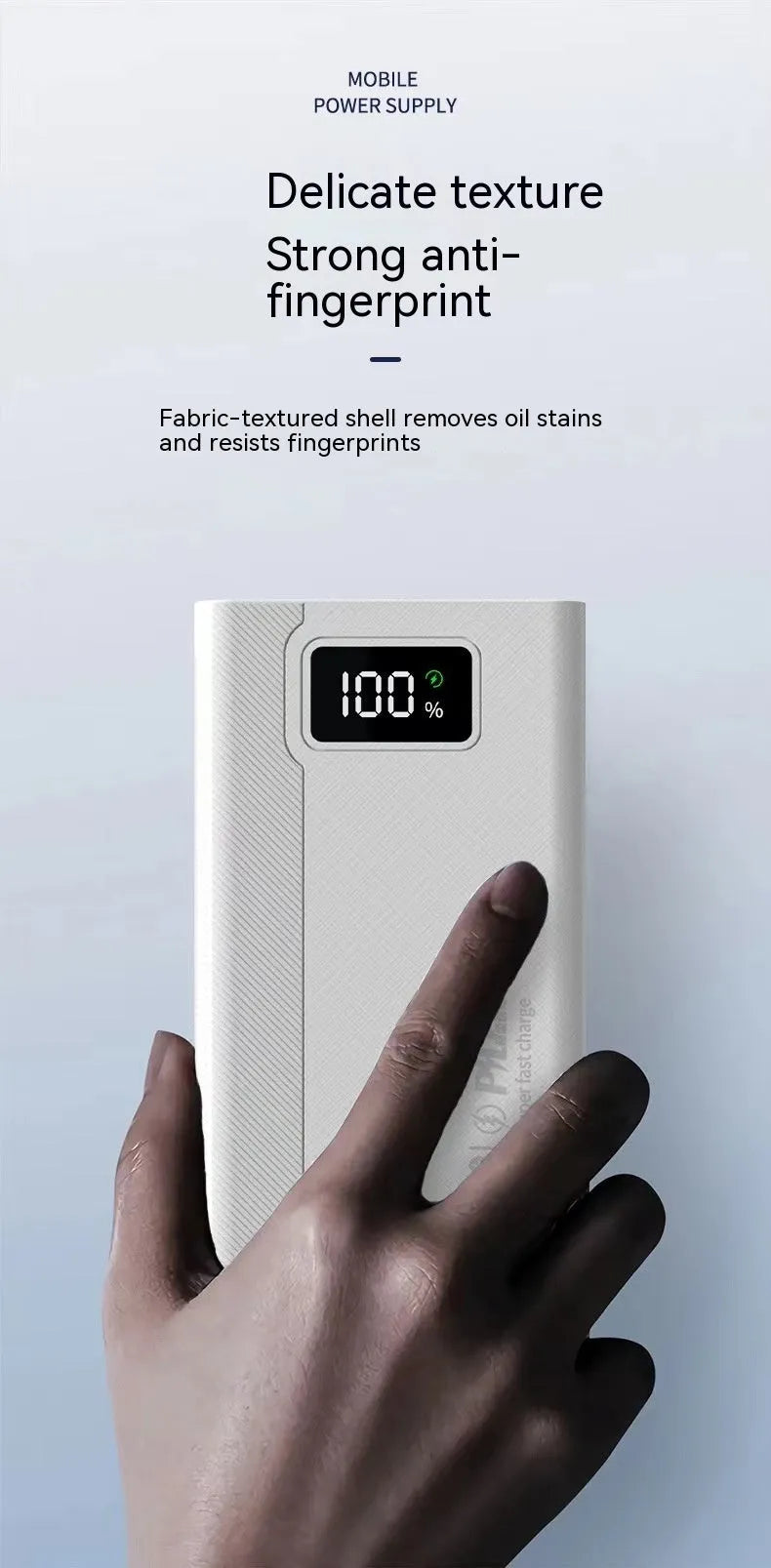 Large capacity power bank in black or white plastic shell with fast charging capability